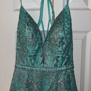 Teal Beaded Halter Prom Dress